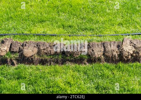 Un fossé creusé dans la pelouse pour la pose de tuyaux et l'installation d'irrigation. Sol sous pelouse verte et système de racines d'herbe Banque D'Images