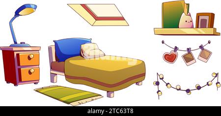 Meubles de chambre de grenier enfants ensemble isolé sur fond blanc. Illustration de dessin animé vectoriel d'éléments de design intérieur de chambre mansardée, lit, lampe sur table de chevet, livres sur étagère, fenêtre de toit, guirlande Illustration de Vecteur