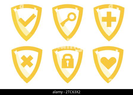Ensemble de boucliers avec serrure, clé jaune et cadenas, croix, coeur et tique. Protection et assurance. Signes antivirus. Icônes de site Web. Emblème de garantie Illustration de Vecteur