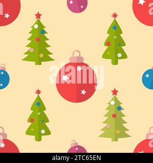 Motif sans couture de Noël avec des sapins et des boules dans un style plat Illustration de Vecteur