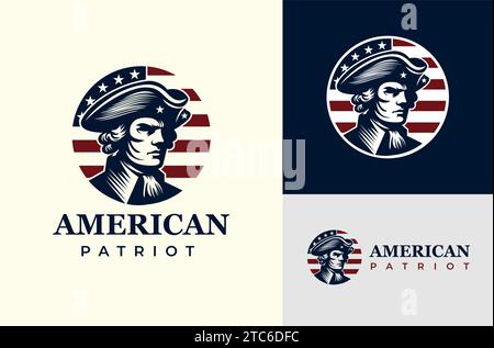 Silhouette d'un patriote américain face à face. Vintage United States Revolutionary War Army Soldier avec fond de drapeau américain Circle Illustration Design Illustration de Vecteur