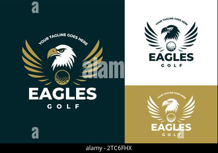 Illustration du design Eagles Club Golf avec des ailes en jaune avec des balles de golf sur fond sombre et clair Illustration de Vecteur