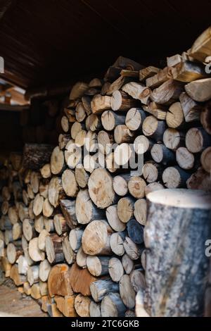 Pile de bois empilée dans une cabane à Stanley, Idaho Banque D'Images