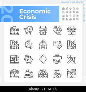 Ensemble d'icônes de crise économique claires et sombres modifiables Illustration de Vecteur