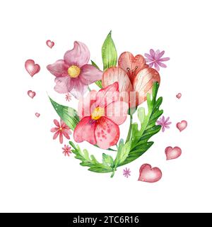 une composition de fleurs aquarelles claires et de petits coeurs. isolé sur fond blanc. Pour les cartes postales et les dessins de Saint-Valentin. Banque D'Images