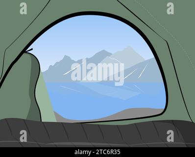Vue de fond de paysage de la tente à un lac et des montagnes. Camping confortable dans un endroit sauvage. Illustration de Vecteur