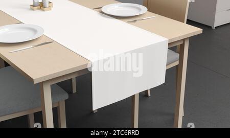 Table en bois vierge avec coureur blanc et maquette de plats, fond intérieur, rendu 3D. Serviette en tissu superposée vide et maquette de culte, côté crop vi Banque D'Images