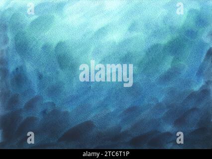 Dessiné à la main, bleu abstrait, peinture de fond aquarelle turquoise, gradient océan, vagues de mer dans la texture peinte avec des lavages doux. Sous l'eau Banque D'Images