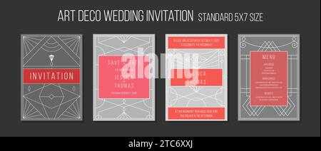 Ensemble d'invitation de mariage de grand style de luxe. Esthétique moderne rouge, argent et gris. Invitation de mariage de style art déco géométrique. Taille standard 5x7. Illustration de Vecteur