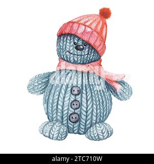 Illustration à l'aquarelle d'un bonhomme de neige jouet tricoté dans un chapeau. Jouet tricoté du nouvel an dessiné à la main. Banque D'Images