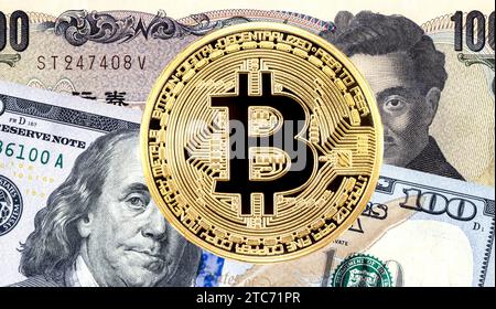 Billet de banque en yen japonais, dollar américain et crypto-monnaie Bitcoin pour le commerce et le concept économique, marché boursier, taux de change Banque D'Images