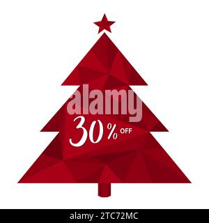 30 % DE RÉDUCTION. Trente pour cent de réduction sur le fond de l'arbre de Noël rouge fait de triangles 3D. Manuscrit, calligraphie au pinceau. Pour Noël et le nouveau Y. Illustration de Vecteur