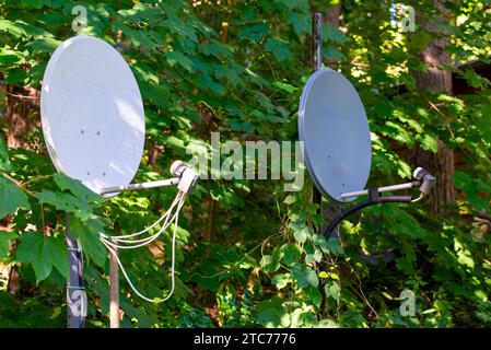 Deux vieilles antennes satellites sur un support métallique devant une forêt et il y a beaucoup de vieux câbles suspendus aux antennes. Banque D'Images