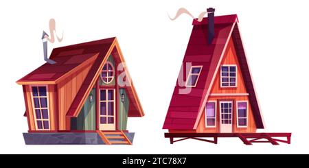 Cabine en bois pour vacances d'été ou d'hiver en dehors de la ville. Petites cabanes en bois avec fenêtres, portes et cheminée sur le toit. Maisons de dessins animés ou cabanes ext Illustration de Vecteur