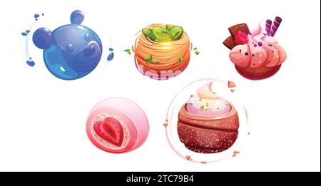 Planètes spatiales fantastiques sous forme de desserts sucrés. Actifs de jeu de dessin animé de sphères de bonbons et de boulangerie avec de la gelée et du chocolat. Moût sucré de galaxie enfantine Illustration de Vecteur