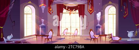 Intérieur de la salle de bal abandonné et cassé. Vecteur de dessin animé de salle de banquet détruite et déserte avec des tables et des chaises brisées, rideaux déchirés et pennan Illustration de Vecteur