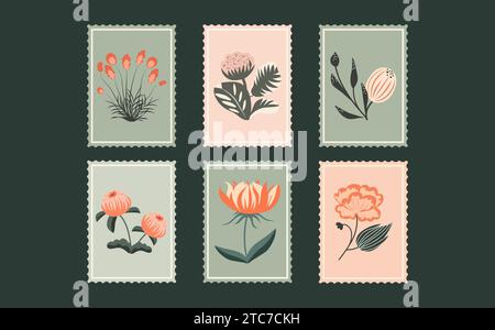 Images miniatures de flore menacée. Pour les invitations de mariage, fêtes,?ards.Un ensemble de cartes postales avec une variété de plantes botaniques et de fleurs. Illustration de Vecteur