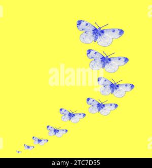 Illustration d'une ligne de papillons bleus en expansion sur fond jaune Banque D'Images