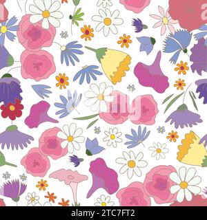 Motif floral coloré sur une base blanche. Éléments dessinés à la main, composition dispersée Illustration de Vecteur