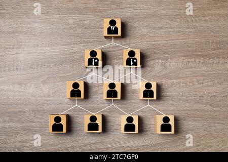 Gestion d'équipe. Cubes avec des icônes humaines liées ensemble symbolisant la structure de l'entreprise sur la table en bois, vue de dessus Banque D'Images