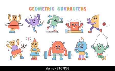 Expressions mignonnes. Visage d'enfant de sport, personnages géométriques avec les mains et les jambes, poignée de main et gestes agitant, formes colorées faisant le fitness, jouer fo Illustration de Vecteur