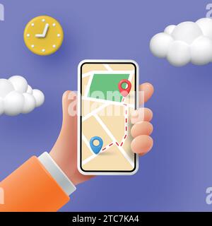 Téléphone 3D. Carte GPS. Application pour smartphone. Téléphone en main. Technologie mobile. Itinéraire de voyage en voiture avec la direction, l'épingle de localisation et la carte. Conn. Chemin de déplacement Illustration de Vecteur