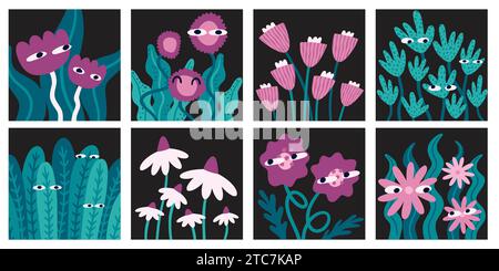 Art floral abstrait Carte naïve pour enfants avec des éléments de jardin griffonnés, feuille florale d'été ou de printemps. Cartes carrées ou affiches. Éléments botaniques, floraison Illustration de Vecteur