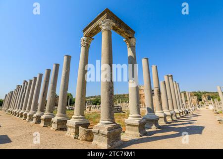 Les touristes à Perge de la Turquie, peuvent explorer les restes de grandes colonnades, temples, et arches monumentales qui ont autrefois défini cette agora majestueuse Banque D'Images