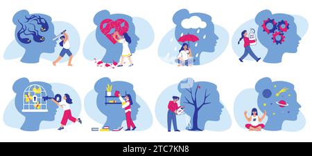 Santé mentale. Les troubles cérébraux humains. Méditation féminine en crise. Le soutien psychologique numérique. Esprit positif et calme. Les personnes contrôlent les émotions. Sél Illustration de Vecteur