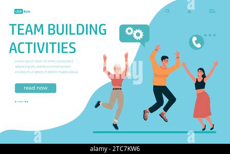 Page d'accueil Team building. Groupe heureux d'hommes et de femmes sautant. Modèle de conception d'interface de site Web. Communication avec les collègues. Coopération entre les personnes. Joyeux Illustration de Vecteur