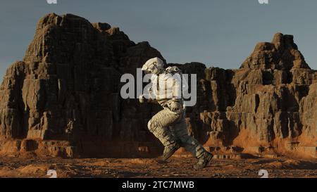 Astronaute courant à travers la planète Mars, explorant d'autres planètes et mondes. Cosmonaute dans une combinaison spatiale blanche sur la planète rouge, paysage. rendu 3d. Banque D'Images