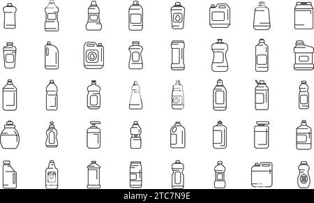 Les icônes de détergent pour lave-vaisselle définissent le vecteur de contour. Onglets publicitaires propres. Bouteille en plastique liquide Illustration de Vecteur