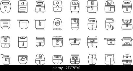 Les icônes de la friteuse pneumatique définissent le vecteur de contour. Frire le cuisinier de boulangerie. Nourriture saine à base de chips Illustration de Vecteur