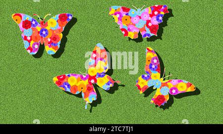 Graphique, 4 papillons, volant, avec de nombreuses fleurs colorées sur fond vert, au soleil avec des ombres Banque D'Images