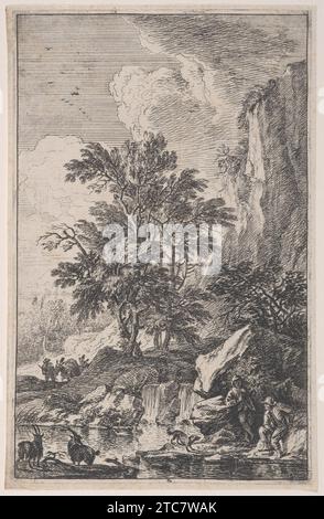 Planche 3 : deux chèvres au bord d'un lac, deux personnages mâles et un chien à droite, un autre paysan s'approchant avec une mule à gauche en arrière-plan, de 'paysages à la manière de Salvator Rosa' (Die Landschaften in Sal. Rosa's) 1947 de Franz Joachim Beich Banque D'Images