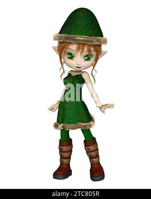 Toon Christmas Elf Girl dans une robe verte et chapeau Banque D'Images