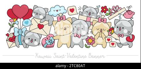 Bannière horizontale Saint Valentin avec des chats kawaii mignons pour les enfants. Paire de chaton vecteur dans l'amour. Illustration avec des symboles romantiques. Drôle de holid de février Illustration de Vecteur