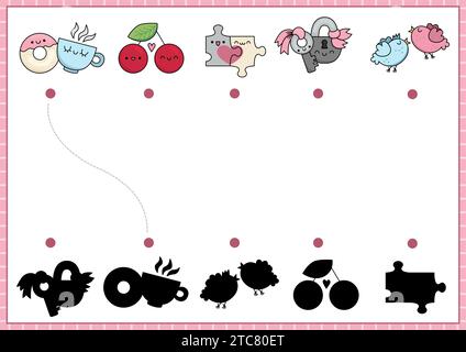 Activité de mise en correspondance des ombres de Saint Valentin. Puzzle de reconnaissance de forme de vacances d'amour avec des symboles Kawaii. Trouvez la feuille de calcul imprimable de silhouette correcte. Mignon Illustration de Vecteur