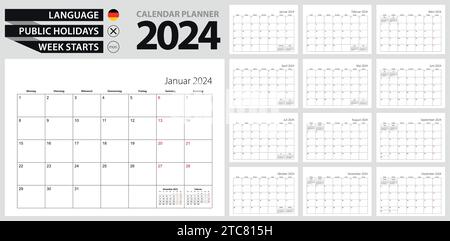 Planificateur de calendrier allemand pour 2024. Langue allemande, la semaine commence à partir de lundi. Modèle de calendrier vectoriel pour l'Allemagne, la Belgique, l'Autriche, la Suisse et OT Illustration de Vecteur