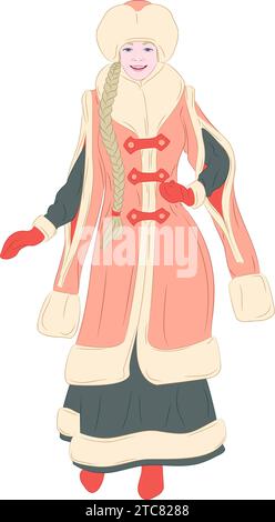 Snow Maiden avec longue tresse dans un ancien manteau de fourrure à manches longues. Illustration vectorielle de la petite-fille de Ded Moroz dans un ancien manteau de fourrure Illustration de Vecteur