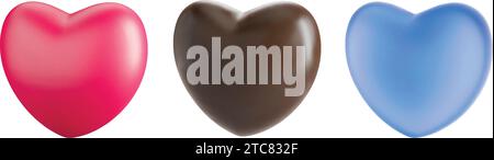 Ensemble de coeurs réalistes 3d rouge, bleu et chocolat Illustration de Vecteur