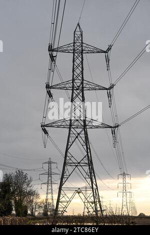 Tours de transmission, Pylons électriques, approvisionnement en électricité, tour en treillis, câbles électriques de soutien, transfert de puissance, haute tension Banque D'Images