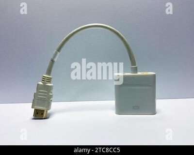Câble convertisseur HDMI vers VGA blanc sur fond blanc isolé Banque D'Images