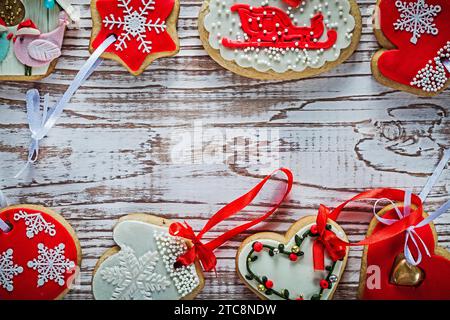 Collection de biscuits de pain d'épice de Noël sur la planche en bois vintage vue de dessus Banque D'Images