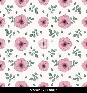 Modèle sans couture avec des fleurs d'anémone.fond botanique de fleurs roses douces avec des feuilles.Aquarelle illustration.papier peint pour tissu, impression ou Banque D'Images