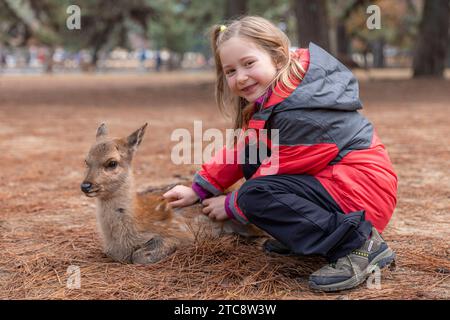 Fille caucasienne caresse un faon dans le parc de Nara Banque D'Images