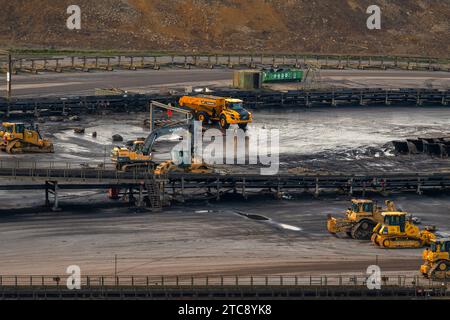 Braunkohle im Rheinischen Revier. Blick vom Aussichtpunkt kleiner Lindemann aus gesehen auf einen Teil des Braunkohle-Tagebaus Inden, WO Braunkohle durch die RWE Power AG abgebaut wird. Der Abbaubereich erstreckt sich über eine Fläche von rund viereinhalbtausend Hektar. Die dort geförderte Braunkohle dient ausschließlich der Fütterung des Braunkohlekraftwerkes Weisweiler in unmittelbarer Nähe. Im Bild ein LKW und verschiedene Bagger Düren Nordrhein-Westfalen *** lignite dans la zone minière rhénane vue d'une partie de la mine de lignite à ciel ouvert d'Inden, où le lignite est extrait par RWE Power AG Banque D'Images