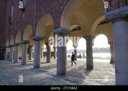 Colonnes, cour intérieure, Stockholms Stadshus City Hall, Stockholm, Suède Banque D'Images