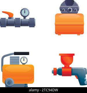 Les icônes de compresseur d'air définissent le vecteur de dessin animé. Compresseur d'air à haute pression. Équipement industriel Illustration de Vecteur