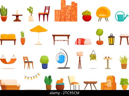 Icônes intérieures de véranda ensemble vecteur de dessin animé. Terrasse avec balcon et jardin. Porche intérieur Illustration de Vecteur